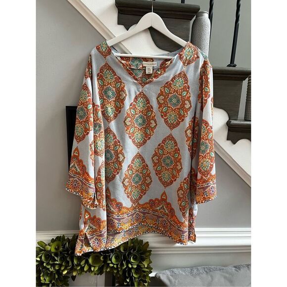 Cynthia Rowley Tops - Cynthia Rowley Light Blue & Orange Indian Print Tunic Top sz 3X EUC